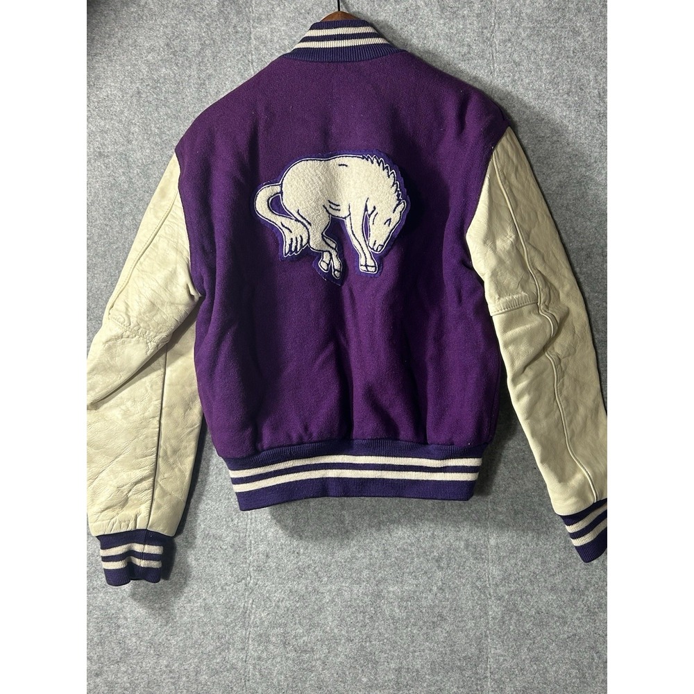 Vintage Holloway Wool/Leather Purple Broncos Letterman Jacket Sm USA MADE Prep